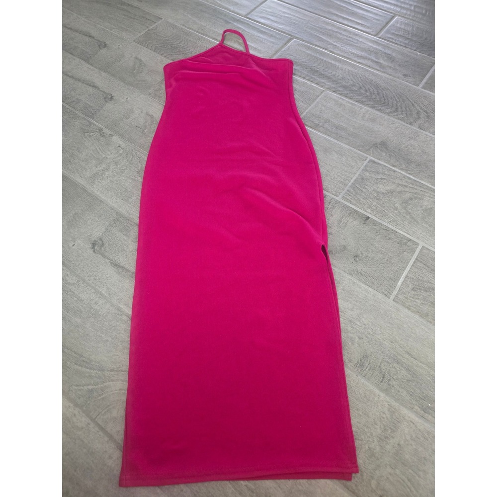Nasty Gal Hot Pink Ribbed Halter Bodycon Maxi Dress Side Slit US 8